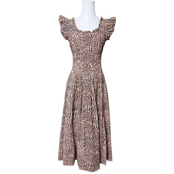 Ulla Johnson Lottie Midi Dress in Cheetah Size 0 Pleated Poplin Flutter Sleeve - Picture 1 of 11